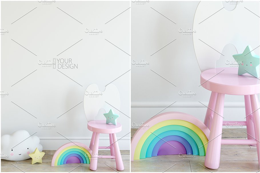 儿童卧室书房墙纸&相框样机 KIDS Interior WALL & FRAMES Mockup 3插图(26)