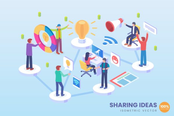 商业理念共享主题等距矢量素材库精选概念插画 Isometric Business Ideas Sharing Vector Concept