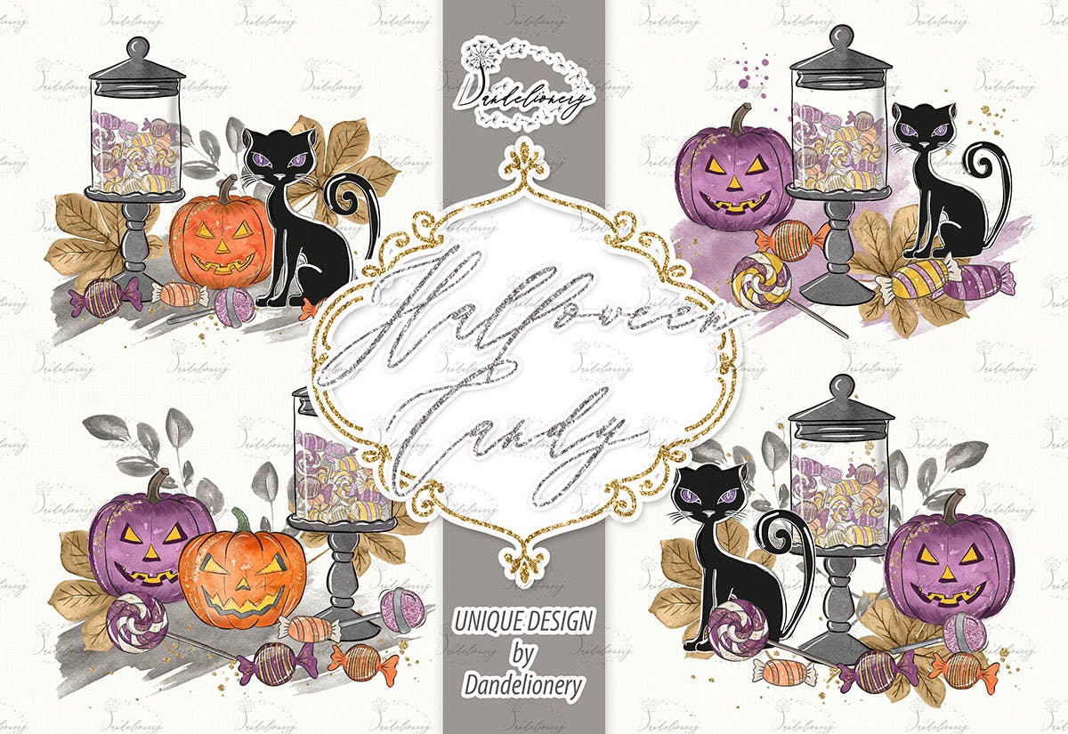 万圣节节日元素手绘图案PNG素材 Halloween Candy design插图(1)