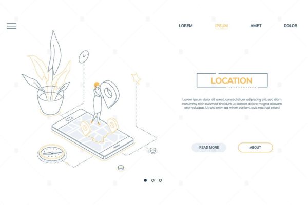 办公室地理位置线性网站设计等距矢量插画 Office location – line design isometric web banner