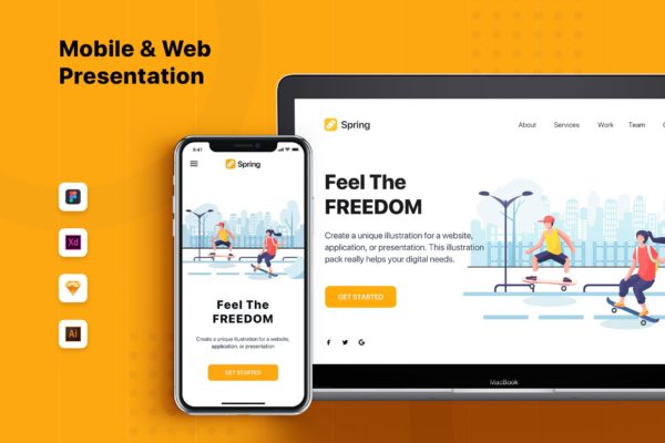 滑板运动主题网站Banner&amp;着陆页设计插画素材 Spring – Banner &amp; Landing Page