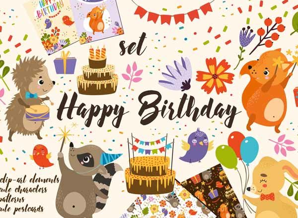 一组可爱动物生日主题背景素材下载[AI, EPS, JPG, PNG]