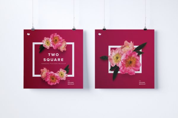 1:1比例两幅肖像油画海报展示样机素材库精选 Two 1:1 square hanging posters mockup