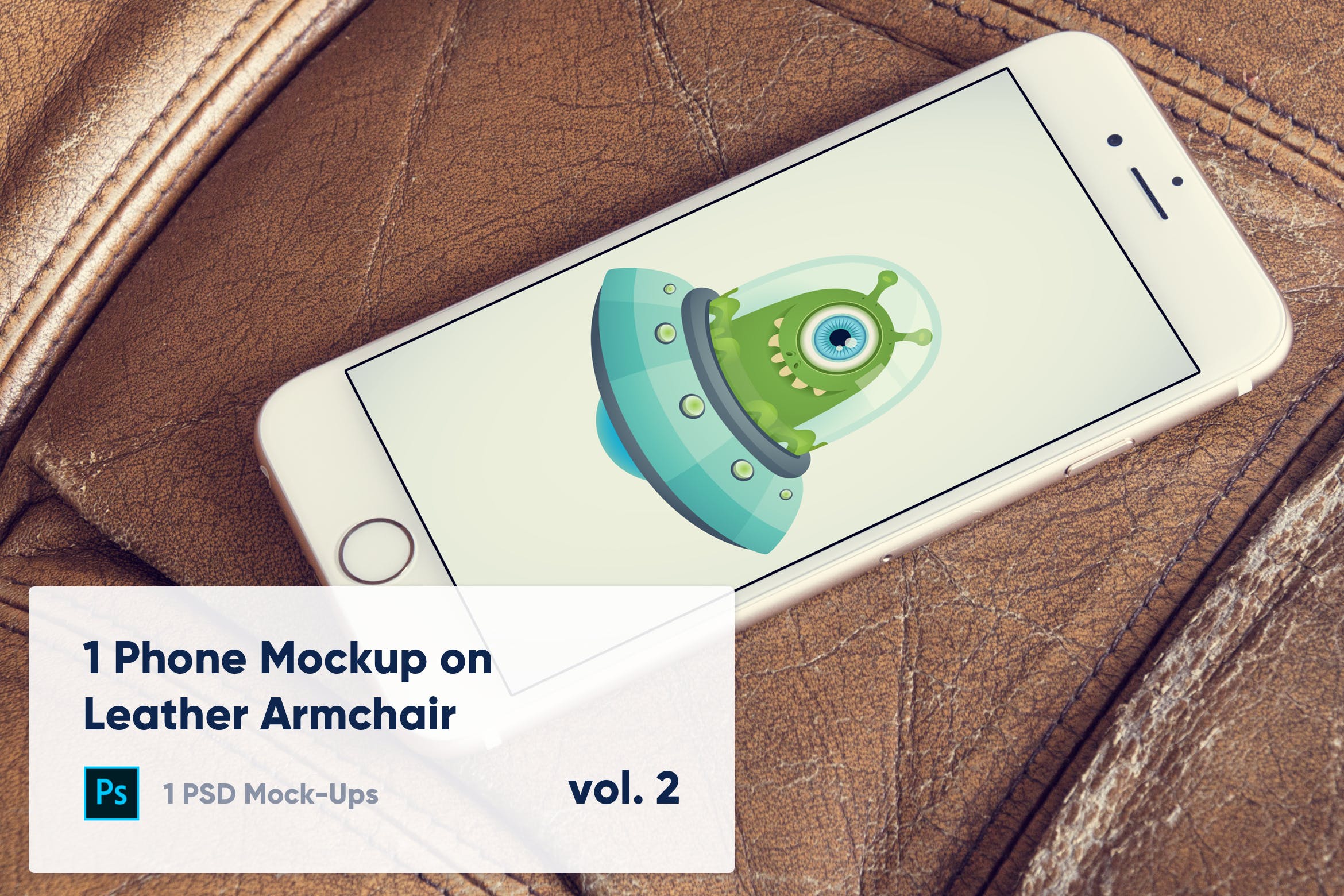 皮革扶手椅上iPhone手机UI设计演示素材库精选样机模板v1 1 Phone Mockup on Leather Armchair Vol. 1插图