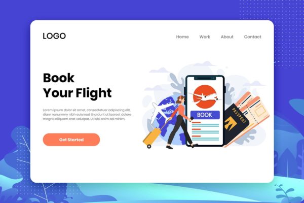 扁平设计风格机票预订场景插画网站设计模板 Book your flight flat design web template