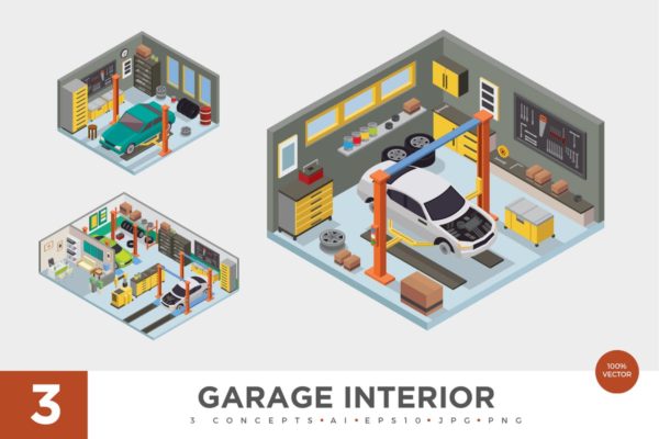 汽车维修车间车库场景2.5D等距概念插画v1 3 Isometric Garage Workshop Interior Vector Set 1