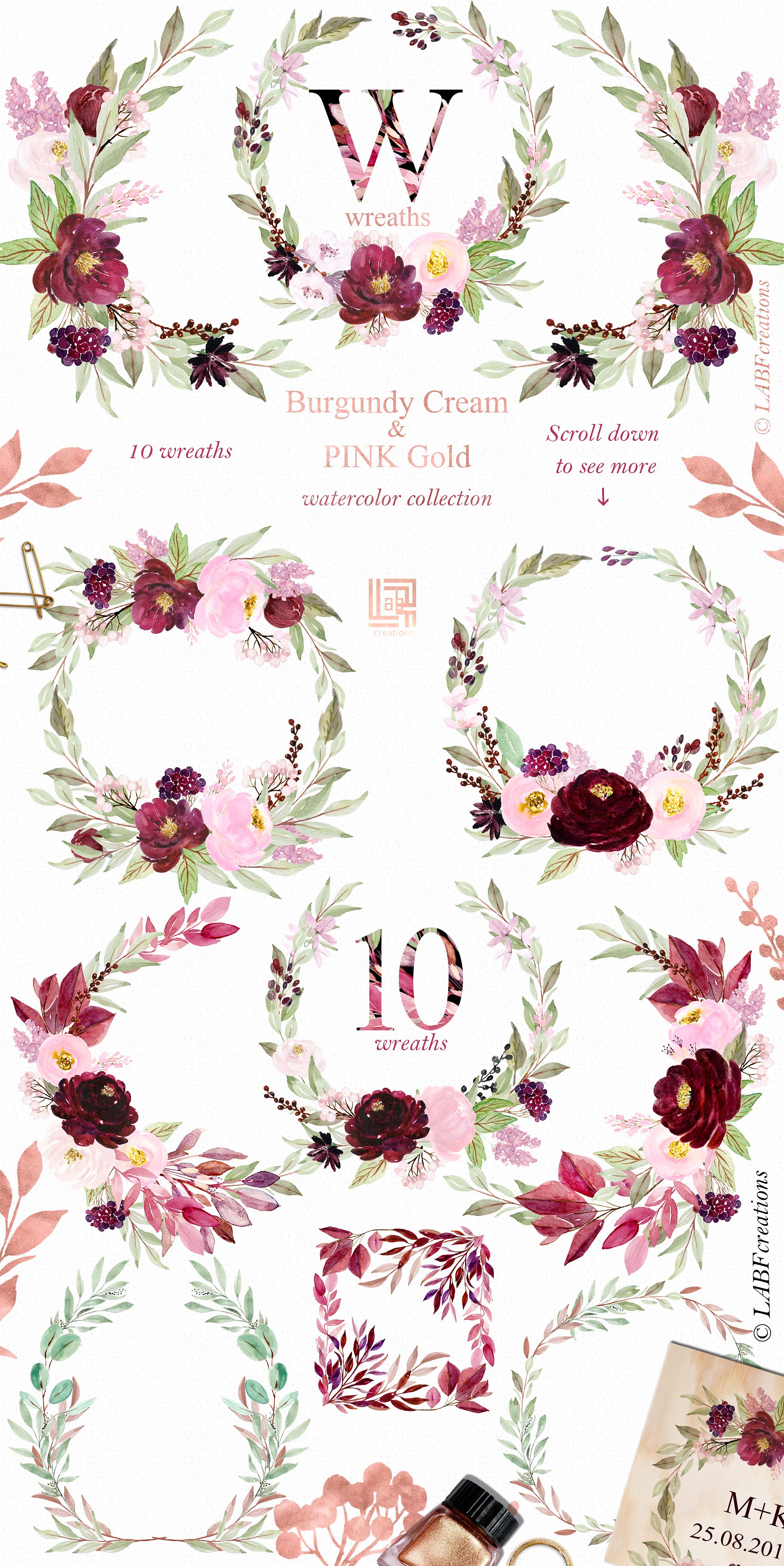 勃艮第奶油和金粉色水彩花卉剪贴画 Burgundy cream & gold pink flowers插图(5)