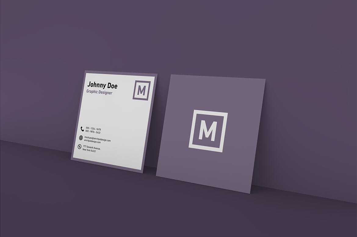 方形企业名片设计立面图样机模板 Square Business Card Wall Mockup插图(1)