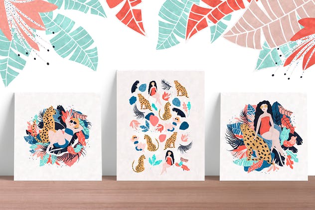 有趣的手绘热带女孩＆猎豹剪贴画 Tropical Girl and Cheetah插图(2)