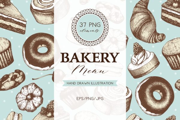复古面包店手绘素描插画素材合集 Vintage Bakery Menu Designs &amp; Sketch
