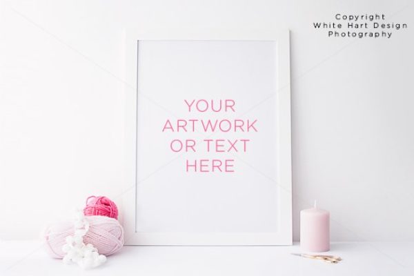 粉色少女小清新白色木质画框样机模板 Styled frame mock up – PSD + Jpeg