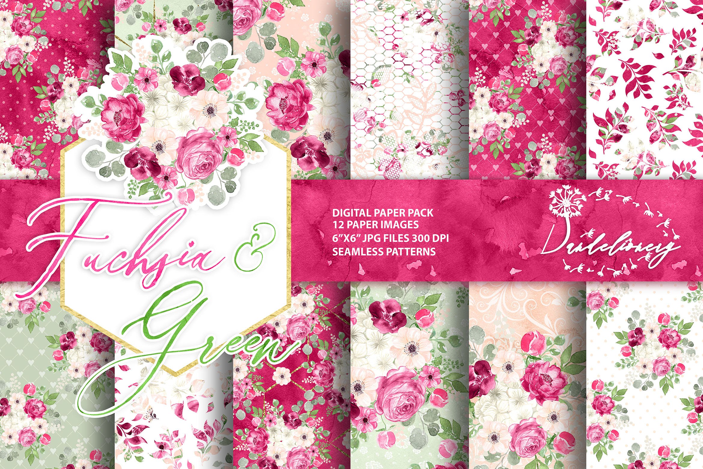紫红色&绿色水彩手绘图案数码纸张设计素材 Watercolor Fuchsia And Green digital paper pack插图