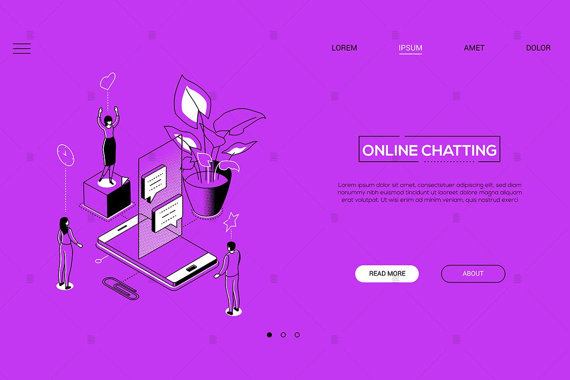 在线聊天线条艺术风格等距概念Banner设计模板 Online chatting – linear isometric web banner插图(1)