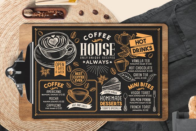复古粉笔画设计咖啡馆菜单PSD模板 Coffee Menu Template插图(2)
