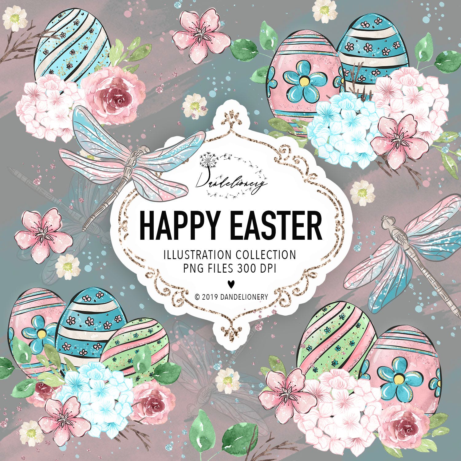 复活节蜻蜓水彩手绘剪贴画PNG素材 Happy Easter dragonfly design插图(3)