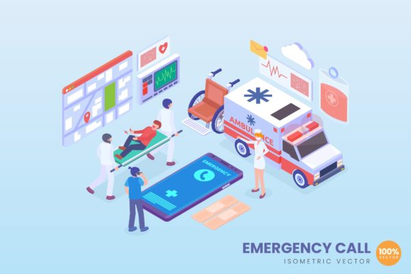 医疗紧急呼叫主题等距矢量素材库精选概念插画 Isometric Emergency Call Vector Concept