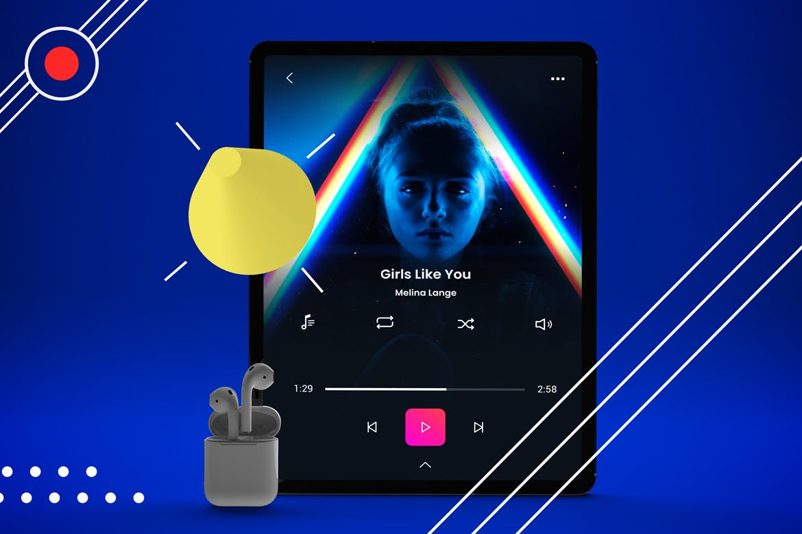 抽象设计风格iPad Pro平板电脑APP设计屏幕预览样机 Abstract iPad Pro Music App插图(1)
