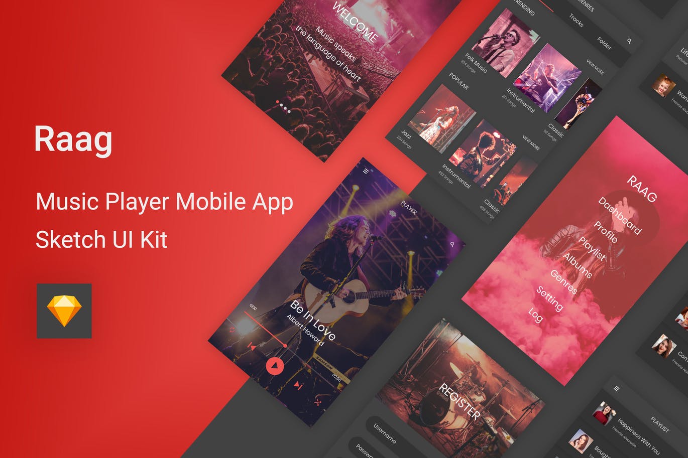 在线音乐听歌APP应用UI设计SKETCH模板 Raag – Music Player UI Kit for Sketch插图