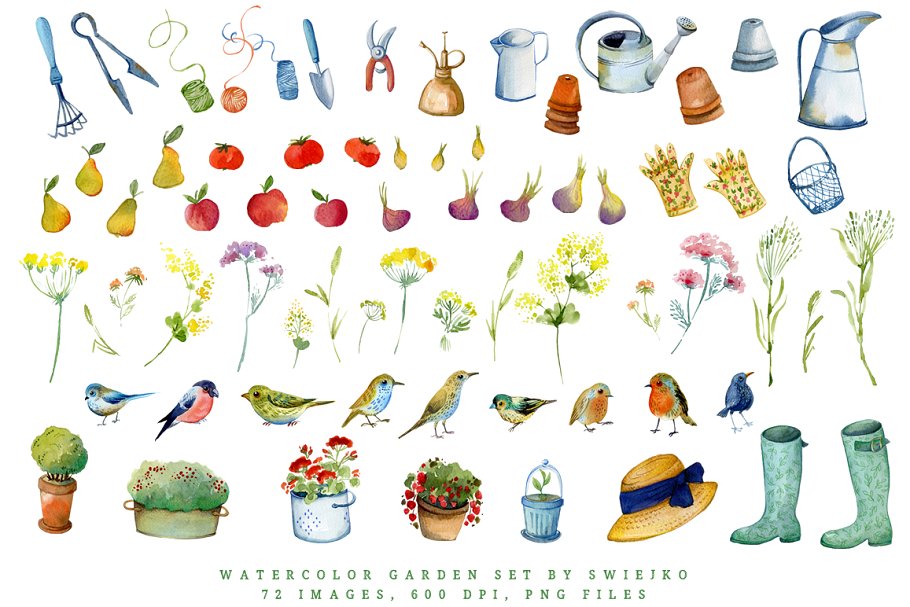 水彩花园元素插画设计套装 Watercolor Gardener Set插图(1)