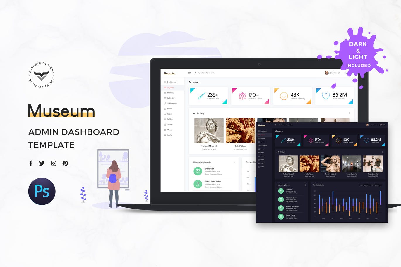 博物馆/展览馆网站后台管理界面设计UI套件 Museum Admin Dashboard UI Kit插图
