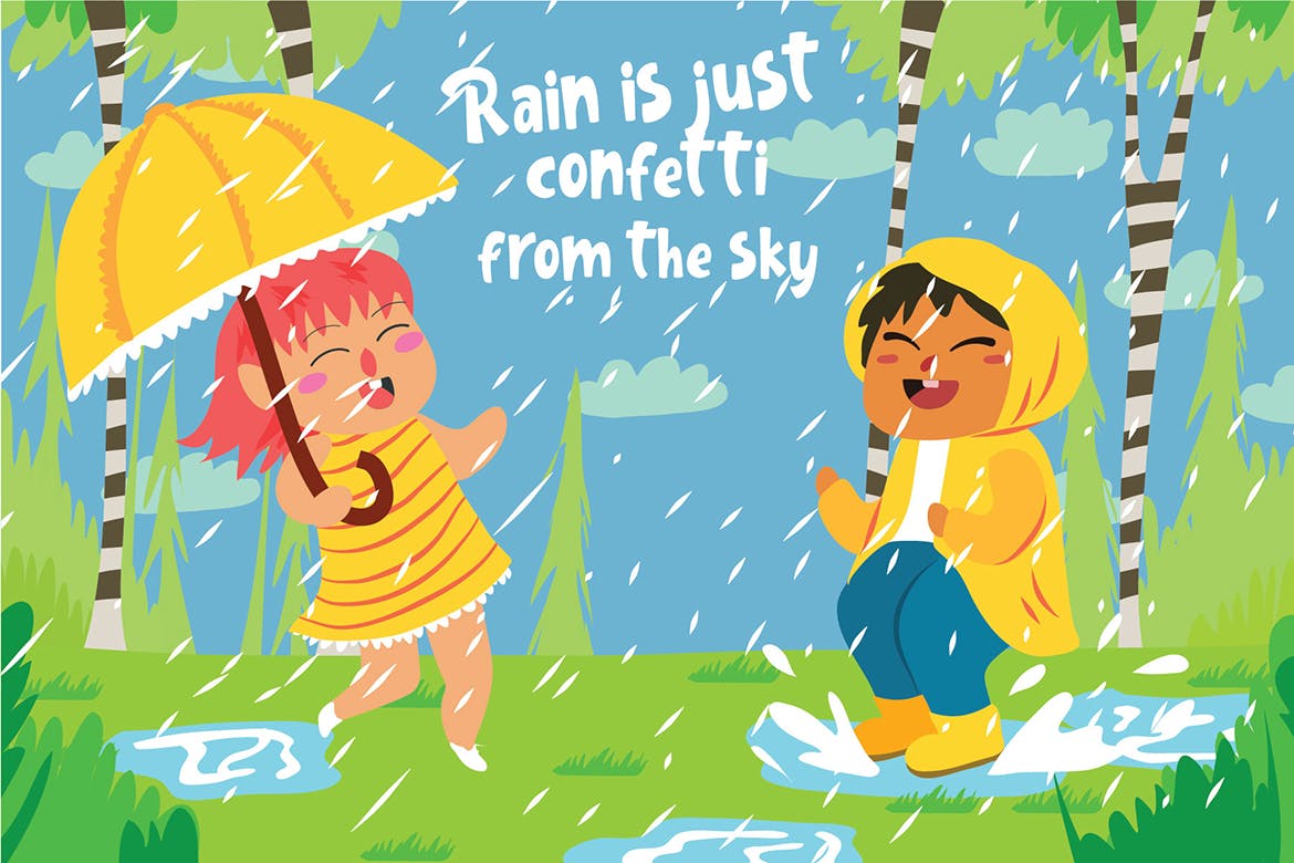 夏天雨季主题儿童矢量插画素材 Raining – Vector Illustration插图
