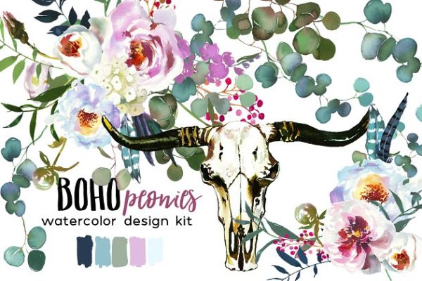 波西米亚风白色&amp;粉色牡丹水彩剪贴画 Boho White Pink Peonies Watercolor