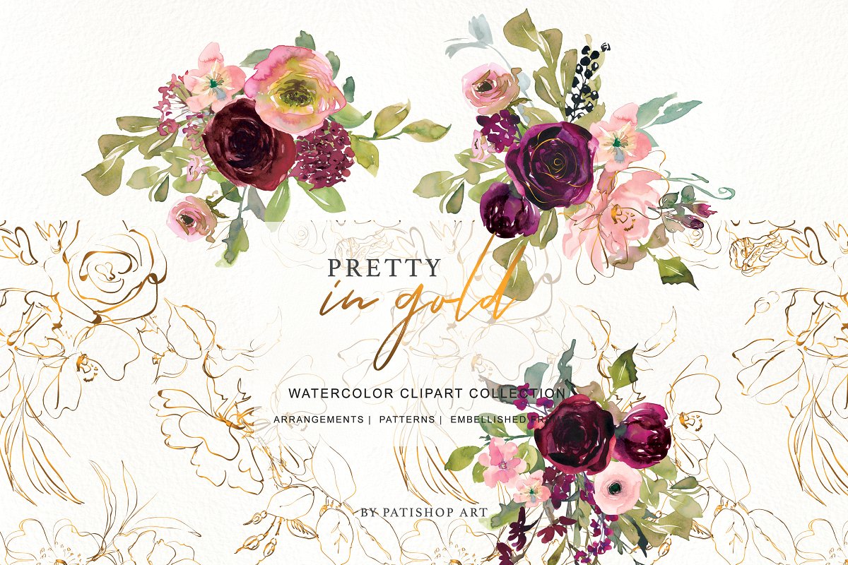 金色&勃艮第深红花卉水彩插画合集插图(7)