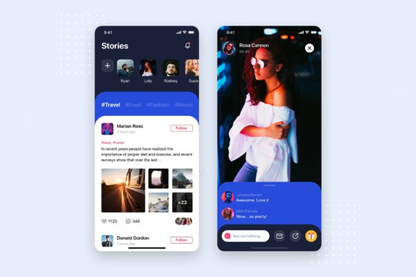 社交APP应用频道列表&amp;详情界面设计素材库精选模板 Social Stories Mobile App UI Kit Template