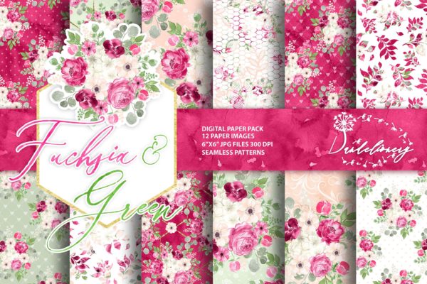 紫红色&amp;绿色水彩手绘图案数码纸张设计素材 Watercolor Fuchsia And Green digital paper pack