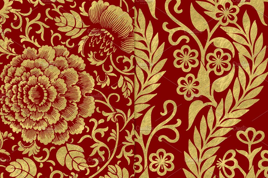 12种金箔花卉图案背景 Maroon and Gold Floral Papers插图(1)