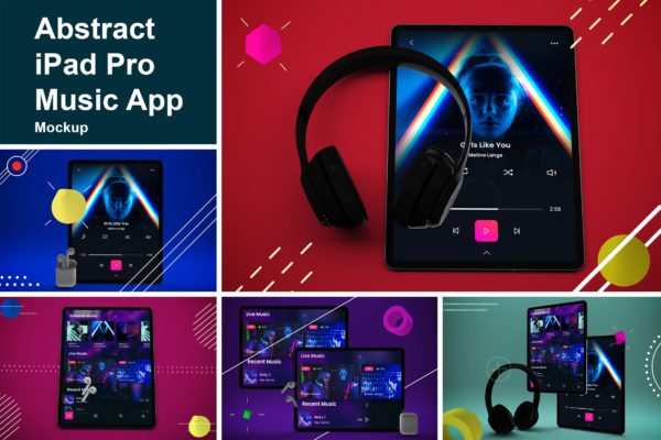 抽象设计风格iPad Pro平板电脑APP设计屏幕预览样机 Abstract iPad Pro Music App