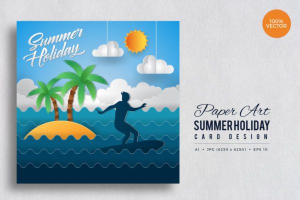 剪纸艺术夏日度假贺卡矢量模板v1 Paper Art Summer Holiday Vector Card Vol.1