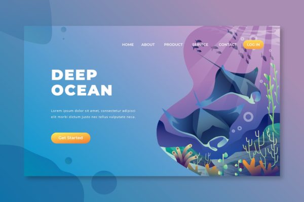 深海海洋主题插画网站着陆页设计素材库精选模板 Deep Ocean – PSD and AI Vector Landing Page