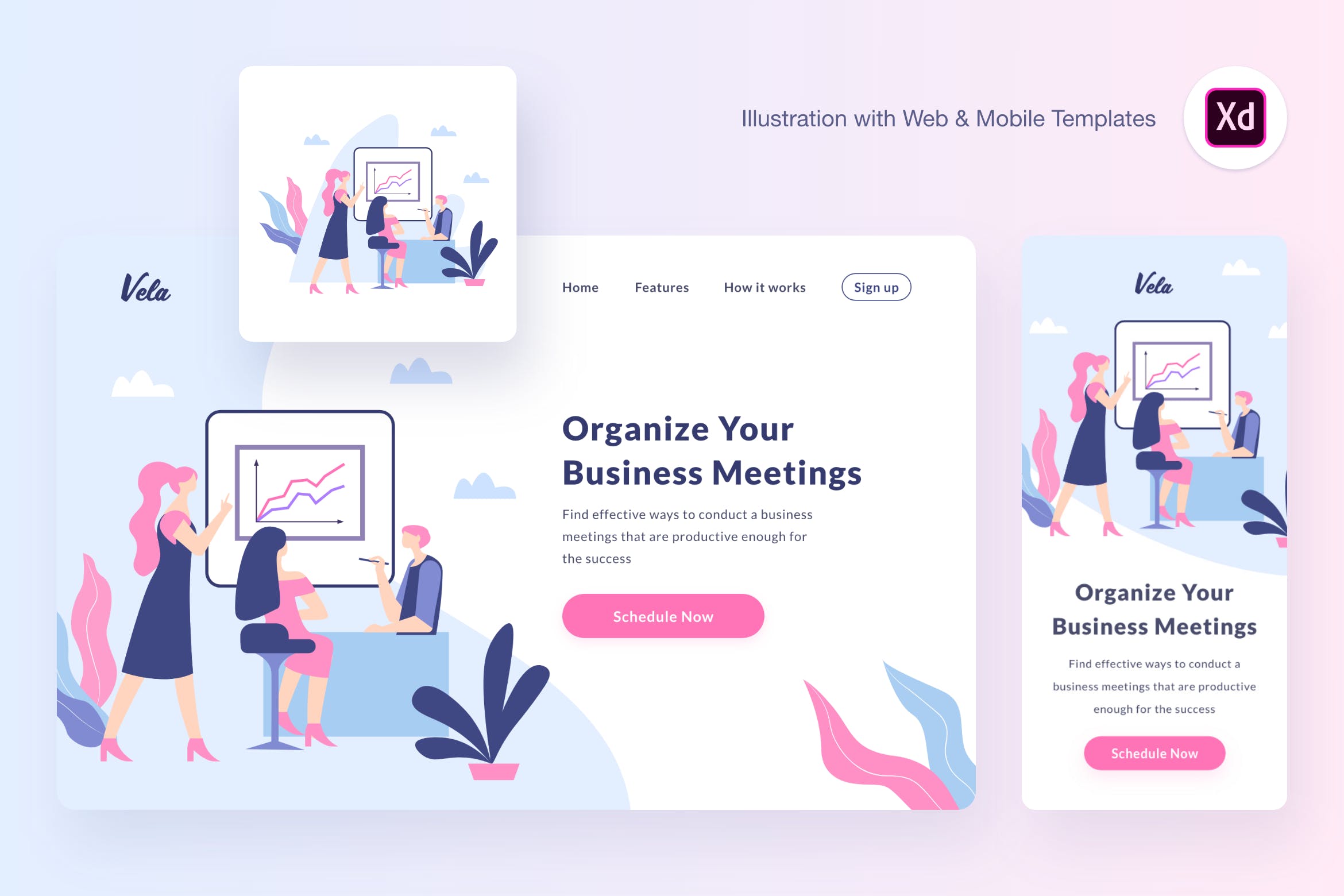 企业会议主页矢量概念插画设计素材[XD&SVG] Vela meeting illustration (Adobe XD, SVG)插图