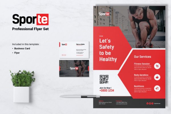 健身体育运动俱乐部传单&amp;名片设计模板 SPORTE Sport Fitness &amp; Gym Flyer &amp; Business Card
