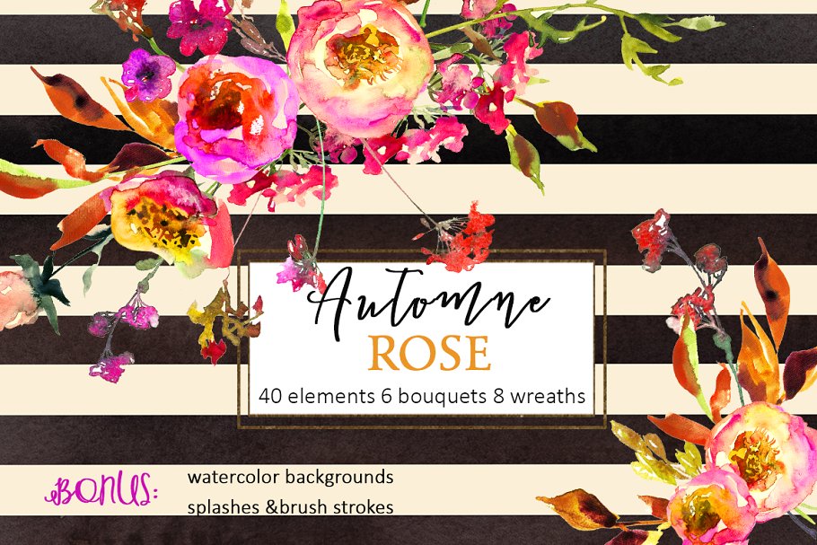 粉色红色花卉水彩剪贴画 Pink Watercolor Florals Clipart插图