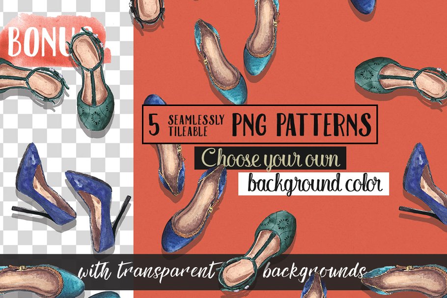 20双手绘高跟鞋水彩插画 20 Pairs of Summer Shoes插图(5)