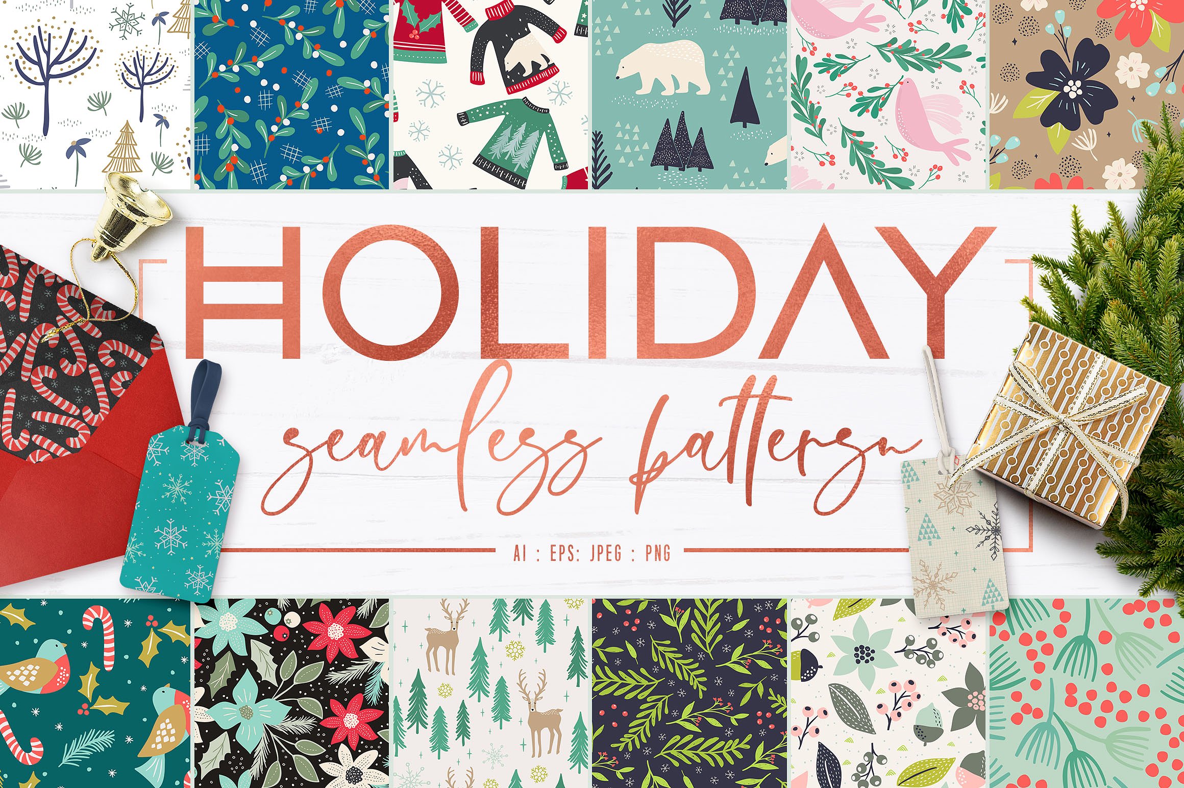 假日无缝模式背景纹理合辑下载 Holiday Seamless Patterns [ai,eps,png,jpg,pat]插图