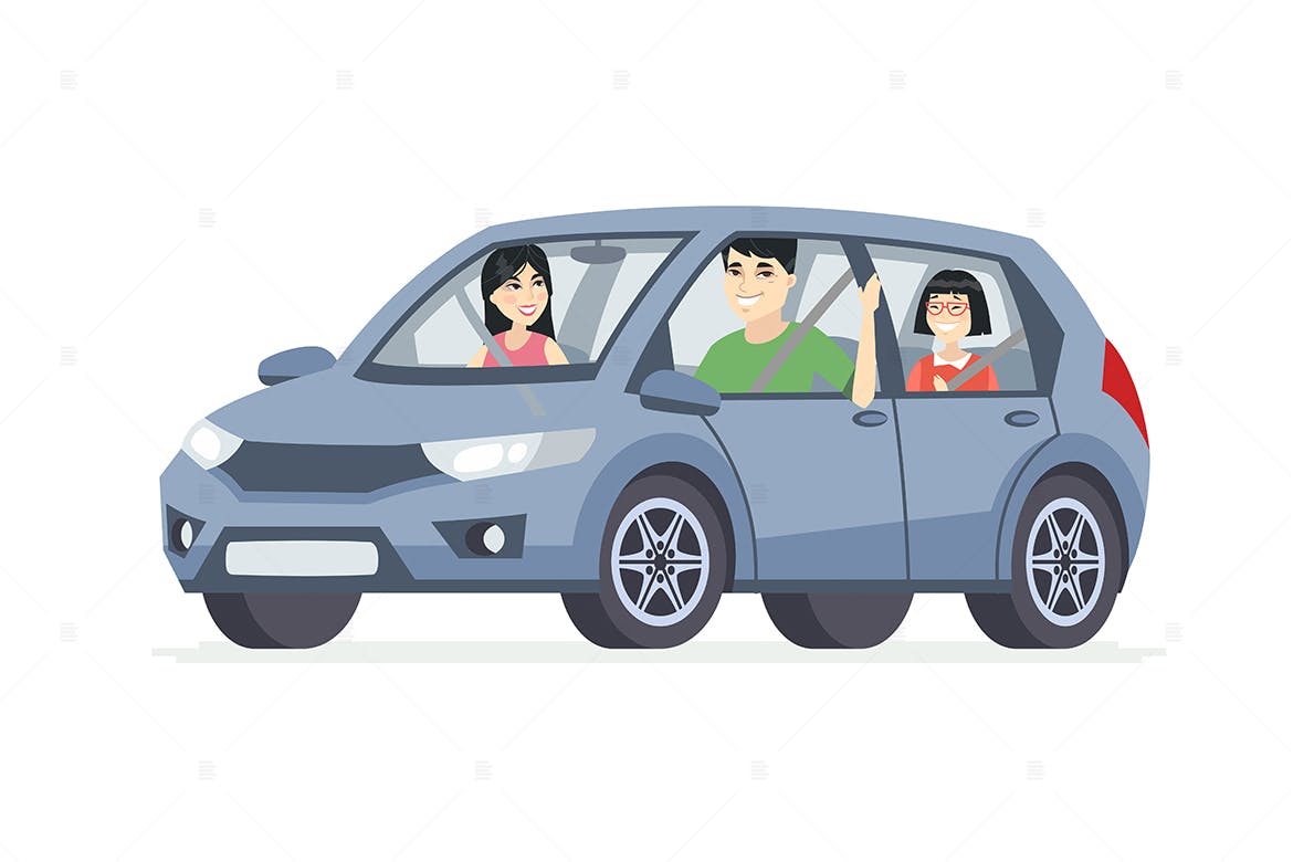 家庭用车场景卡通矢量插画素材库精选素材 Chinese family in the car – cartoon characters插图