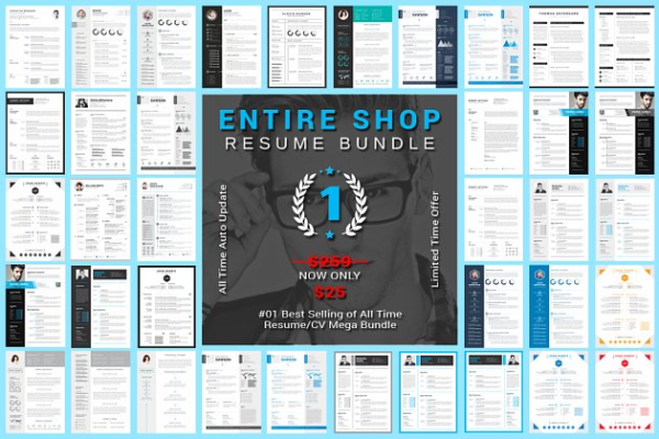 终极简历模板大合集（15款创意简历+3款信息图表模板） Entire Shop Resume/CV Mega Bundle