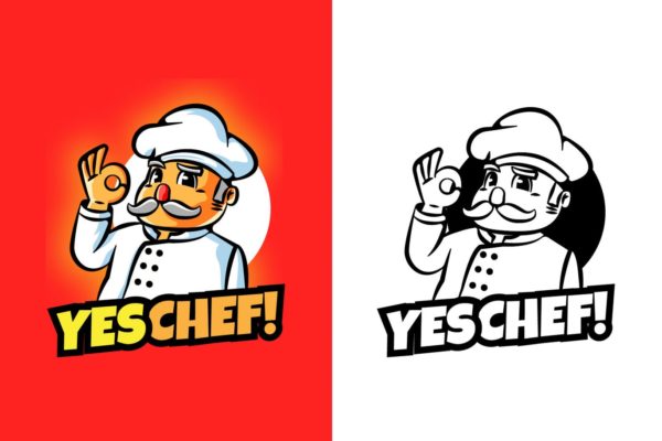 大厨卡通形象餐厅美食品牌Logo设计素材库精选模板 YES CHEF Mascot Logo