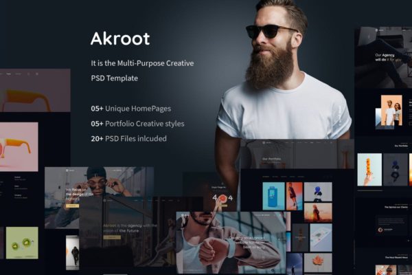 酷黑风格时尚大气创意产品网站PSD模板 Akroot | It is the Multi-Purpose Creative PSD