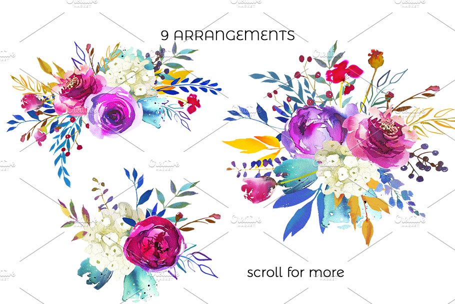 靛蓝粉红水彩花卉剪贴画 Indigo Pink Teal Watercolor Florals插图(1)