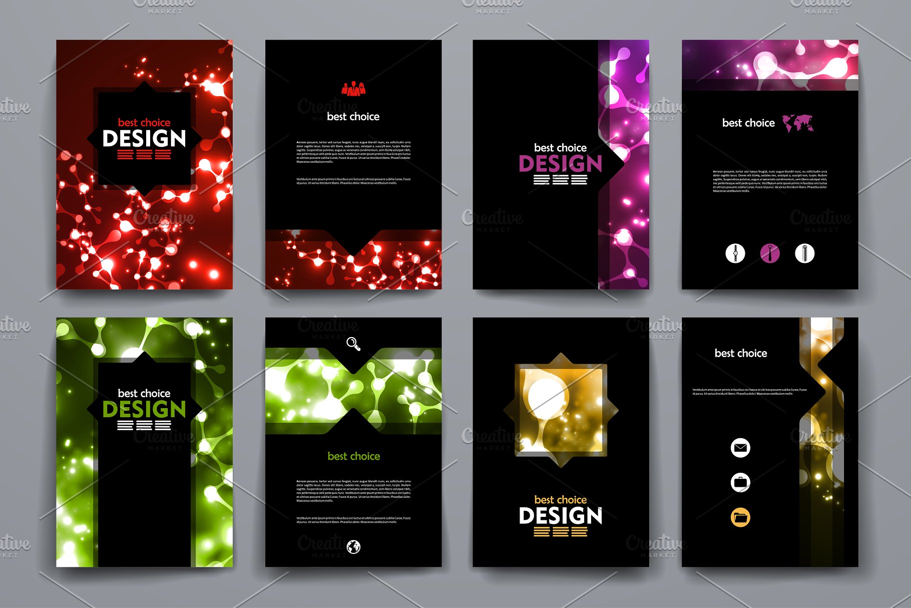 一组炫目霓虹灯图形小册子模板 Big Set of Neon Structure Brochures插图(1)