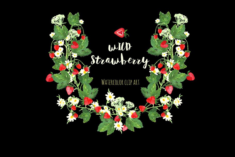 浪漫手绘野草莓水彩剪贴画 Wild strawberry watercolor clipart插图(1)