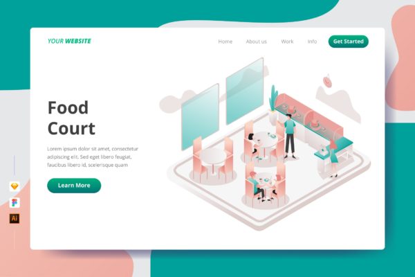 美食广场矢量插画网站着陆页设计素材库精选模板 Food Court – Landing Page