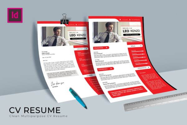设计师红色简历&amp;介绍信设计模板 Etsy CV Resume Template