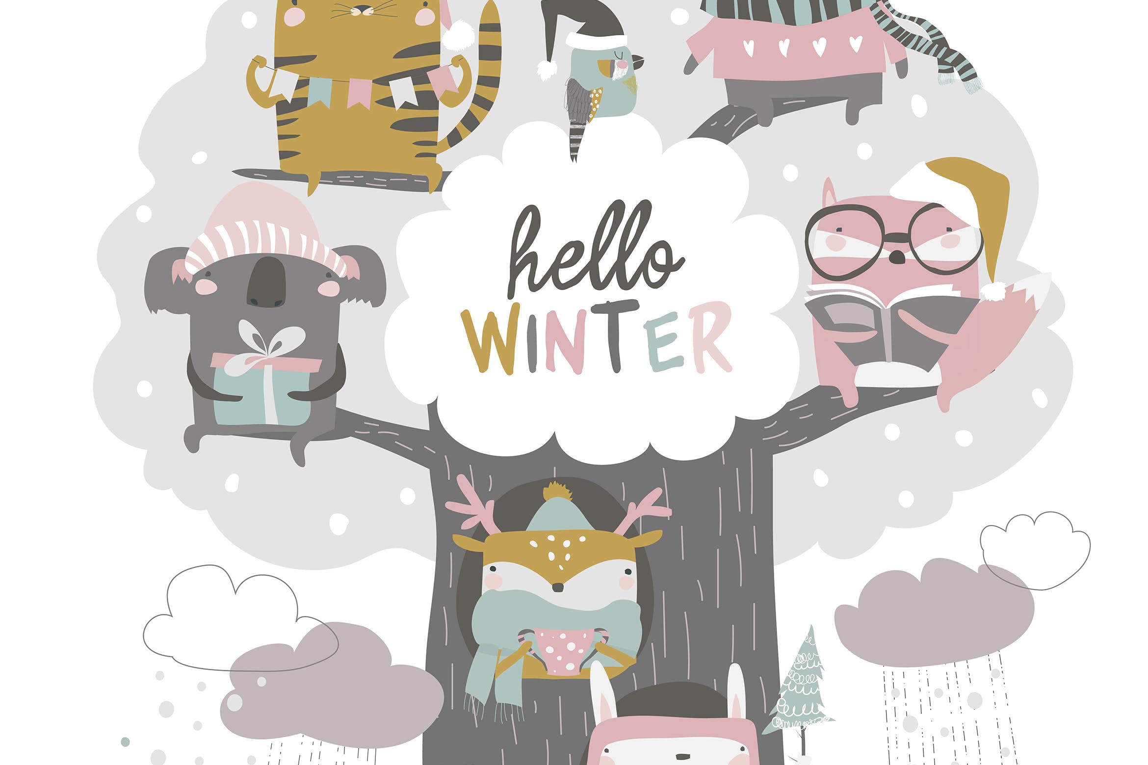 卡通动物&树手绘矢量插画素材库精选素材 Cute animals sit on winter tree on white backgroun插图