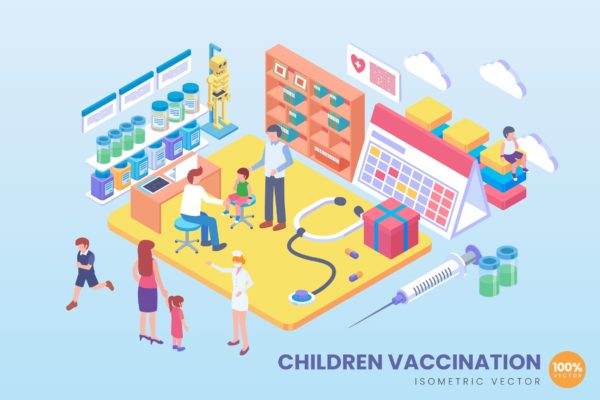 儿童疫苗接种场景等距矢量科技素材库精选概念插画 Isometric Children Vaccination Vector Concept