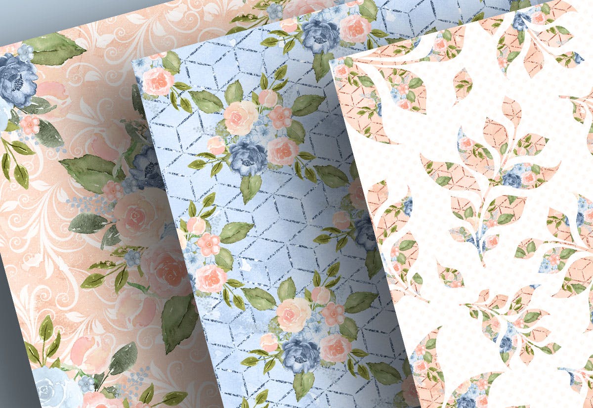蓝色桃色水彩手绘图案数码纸张设计素材 Watercolor Blue Peach digital paper pack插图(1)